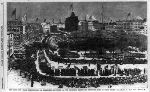 New York City - grand demonstration of workingmen, September 5th - the procession passing the reviewing stand at Union Square (Bird's-eye view) LCCN99614105