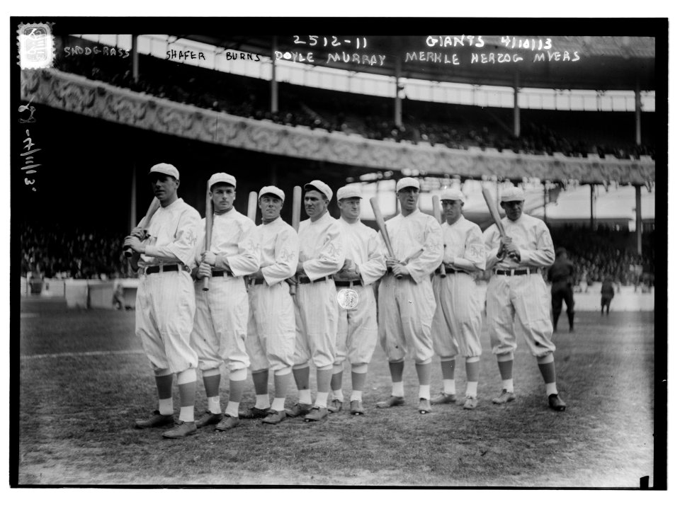 New York Giants Opening Day line-up at the Polo Grounds (New York). Left to right- Fred Snodgrass, Tillie Shafer, George Burns, Larry Doyle, Red Murray, Fred Merkle, Buck Herzog, Chief LCCN2014691555