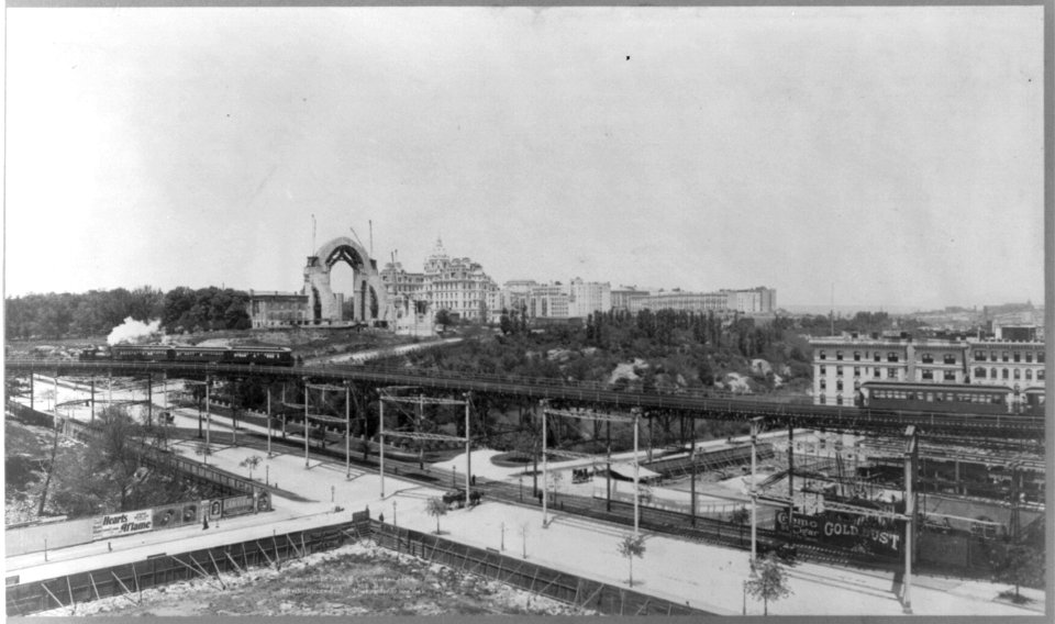 New York City- Morningside Park and Cathedral Heights, showing construction of Cathedral of St. John the Divine; elevated train in fg. LCCN2003674955