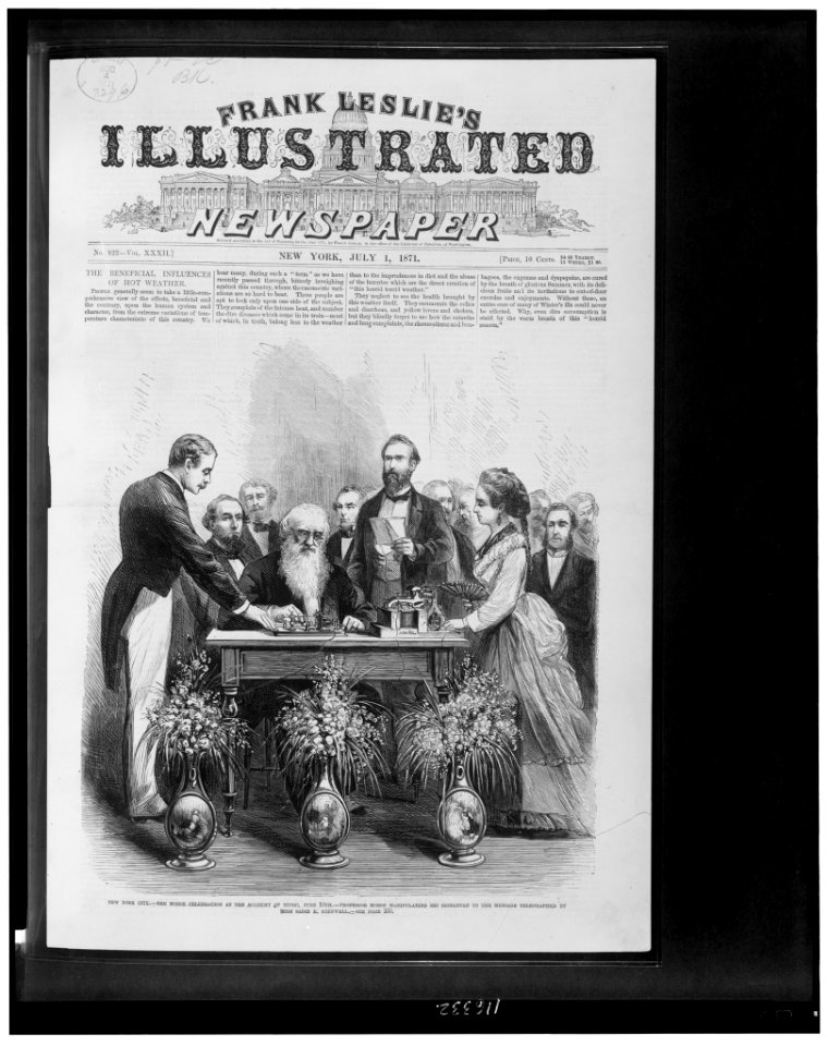 New York City-The Morse celebration at the Academy of Music, June 10th-Professor Morse manipulating his signature to the message telegraphed by Miss Sadie E. Cornwell LCCN96509407