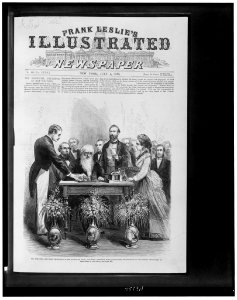 New York City-The Morse celebration at the Academy of Music, June 10th-Professor Morse manipulating his signature to the message telegraphed by Miss Sadie E. Cornwell LCCN96509407