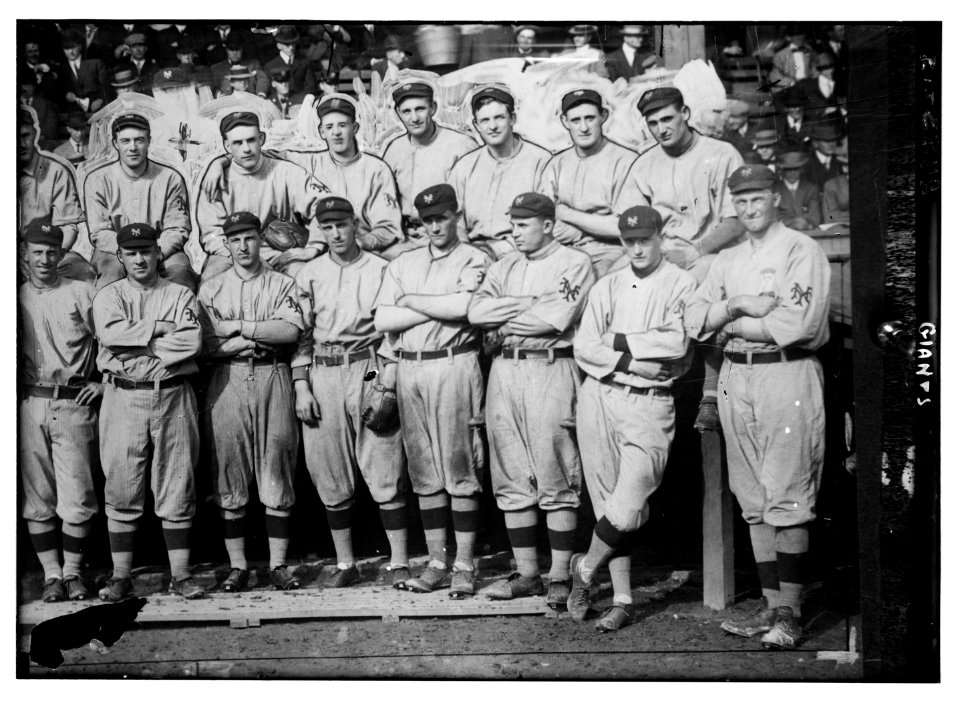 New York Giants. Top row (left to right)- (partially obscured) Art Fletcher, George Burns, Art Wilson, Red Ames, Art Devlin, Christy Mathewson, Hooks Wiltse, Grover Hartley. Bottom row- LCCN2014690901