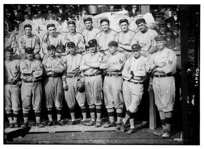 New York Giants. Top row (left to right)- (partially obscured) Art Fletcher, George Burns, Art Wilson, Red Ames, Art Devlin, Christy Mathewson, Hooks Wiltse, Grover Hartley. Bottom row- LCCN2014690901