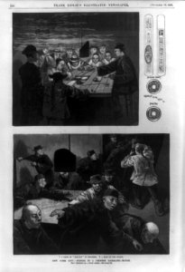 New York scenes in a Chinese gambling-house - 1. A game of Fan-Tan in progress; 2. A raid by the police. Small drawing of Chinese playing cards and of Chinese coin used in Fan-Tan LCCN99614062