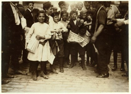 Newsboys and newsgirl. (Mary Malchade) (9 years old.) Getting afternoon papers, Park Row. LOC nclc.03665