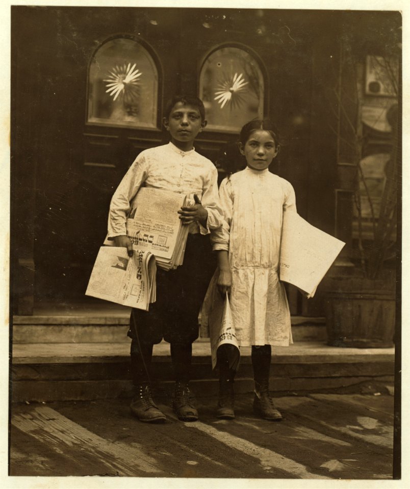 Newsgirl & Boy Selling around saloon entrances. Bowery. LOC nclc.03651