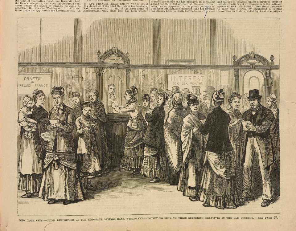 New York City, Irish depositors of the Emigrant Savings Bank withdrawing money to send to their suffering relatives in the old country LCCN2012646222