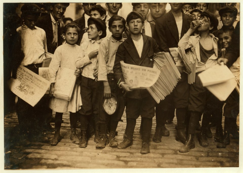 Newsboys and newsgirl. (Mary Malchade) (9 years old.) Getting afternoon papers, Park Row. LOC cph.3c20557