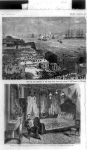 New York City - reception of the Grand Duke Alexis- 2 illustrations- 1. The landing (at Castle Garden); 2. Interior view of the bedroom of the Grand Duke at the Clarendon Hotel (with the LCCN99614090 photo