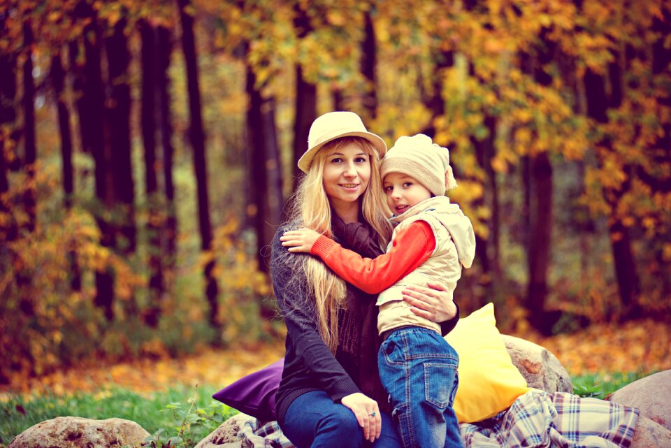Mom son golden autumn