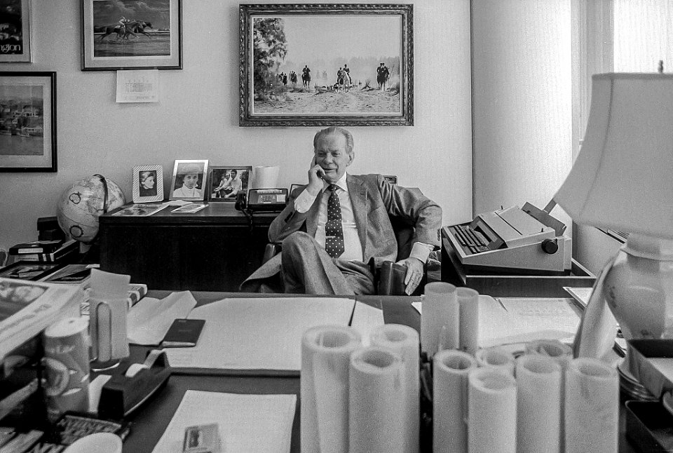 Newsman David Brinkley in his ABC TV office in Washington, DC