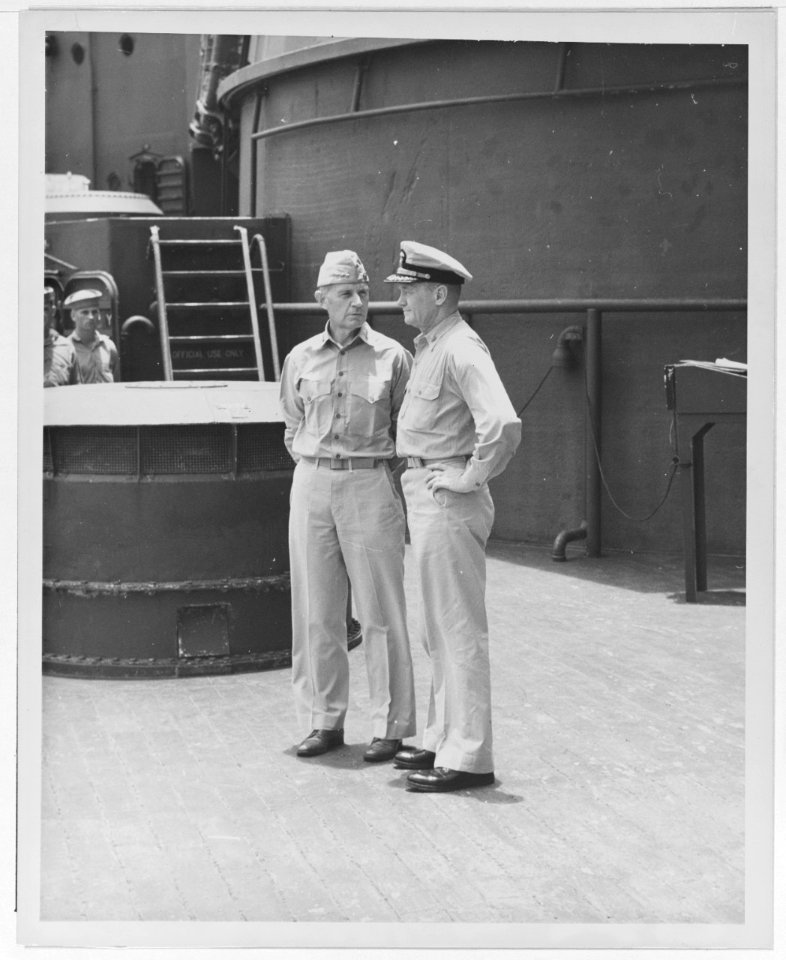 NH 62516 Admiral Raymond A. Spruance, USN, Commander Fifth Fleet, with Captain Carl F. Holden, Commanding Officer of USS NEW JERSEY (BB-62)