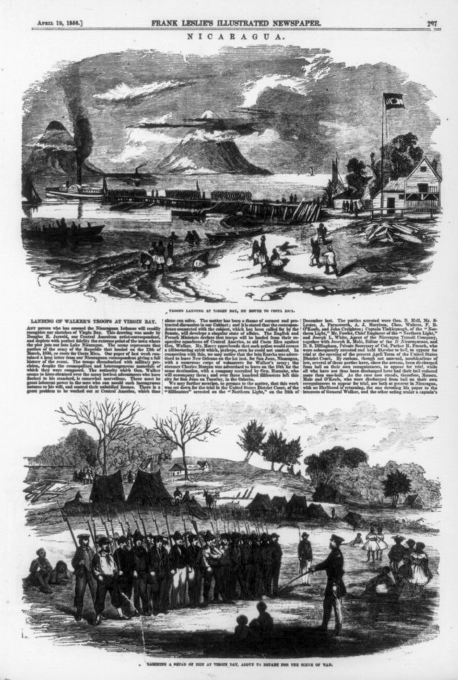 Nicaragua - 2 illus.- 1. Troops landing at Virgin Bay, en route to Costa Rica; 2. Examining a squad of men at Virgin Bay, about to depart for the scene of war LCCN99614034