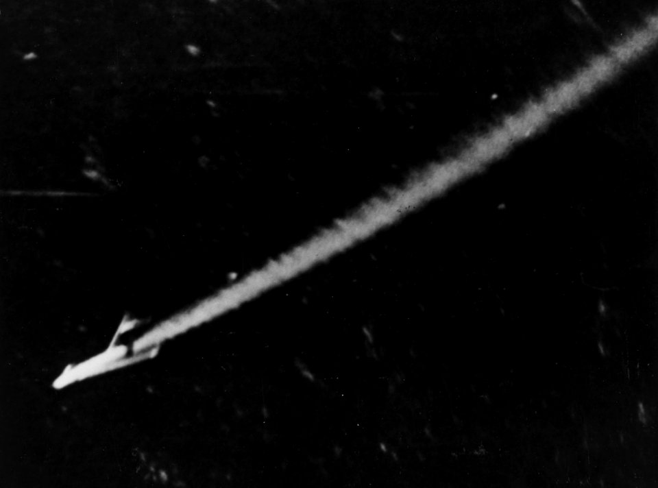MiG-15 is shot down by US Navy planes over Korea c1952