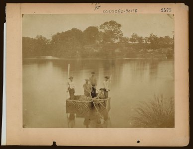 Military construction in northern Virginia- five men in three blanket boats strapped together on the Potomac River LCCN97502068