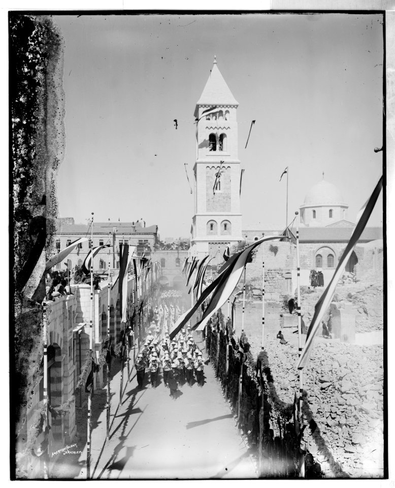 Mili. (i.e., military) band in street parade beside Ger. (i.e., German) Church of Redeemer, 1898 Emp(eror) visit LOC matpc.07168