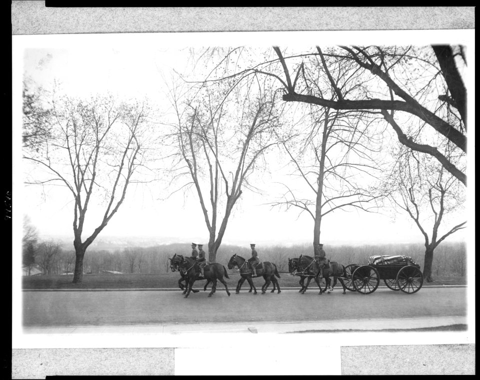 Military funerals at Arlington National Cemetery-men on six horses pulling casket on wagon LCCN92514780
