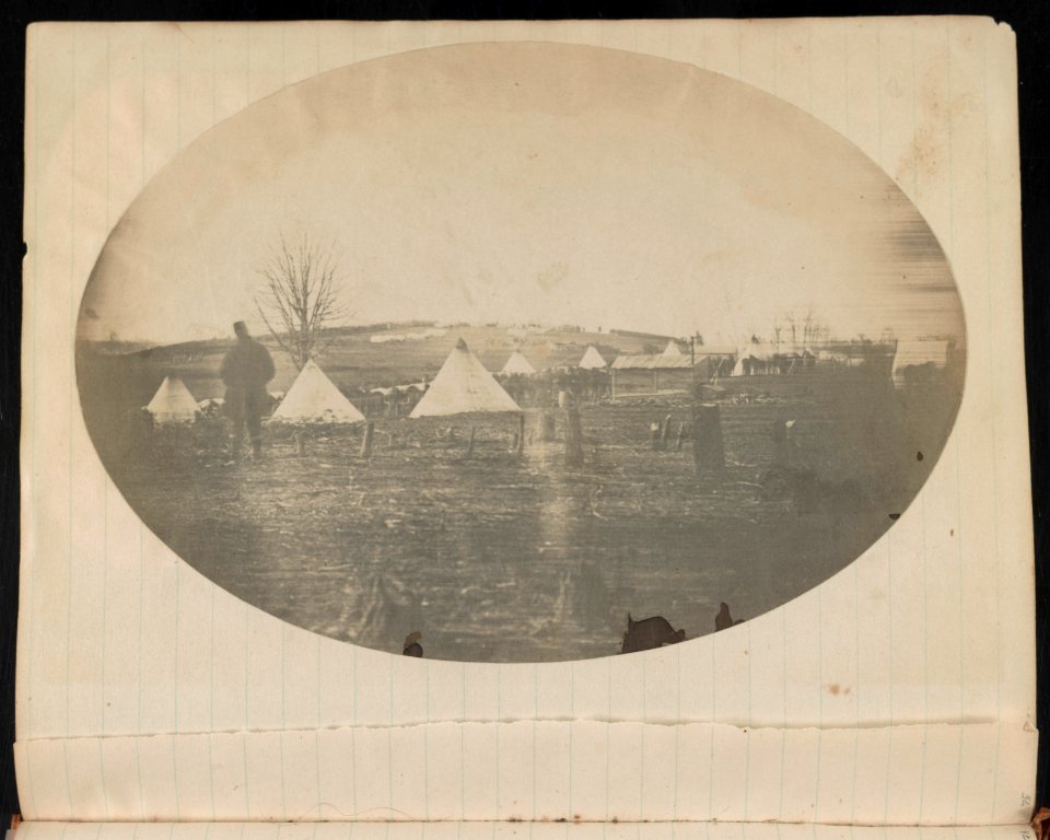 Military camp with Union soldiers, horses, and tents, probably at Camp Griffin, Langley, Virginia LCCN2014646388