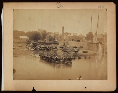 Military construction in northern Virginia- raft of blanket boats ferrying soldiers across the Potomac River LCCN2006676193