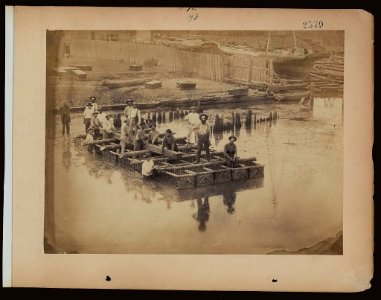Military construction in northern Virginia- raft of blanket boats ferrying men and timber across the Potomac River LCCN2006676195