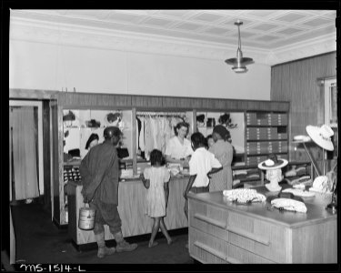 Miner and his family shop in the women's and children's department of subsidiary company store. U.S. Coal and Coke... - NARA - 540832 photo