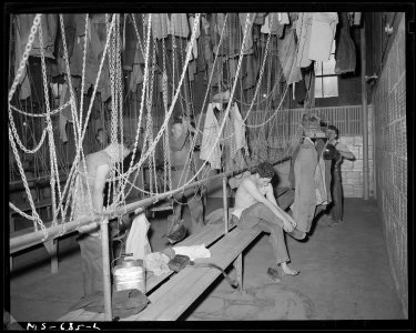 Miners changing clothes in wash and change house. Union Pacific Coal Company, Reliance Mine, Reliance, Sweetwater... - NARA - 540555