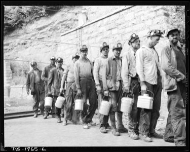 Miners checking in at the lamp house at completion of morning shift. Koppers Coal Division, Kopperston Mines... - NARA - 540922