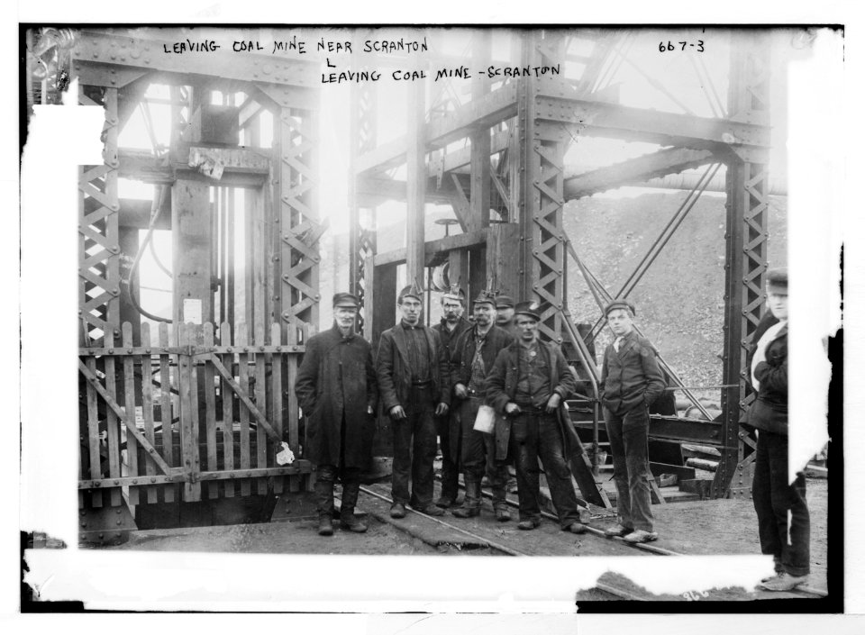 Miners leaving entrance to coal mine near Scranton, PA. LCCN2014683199