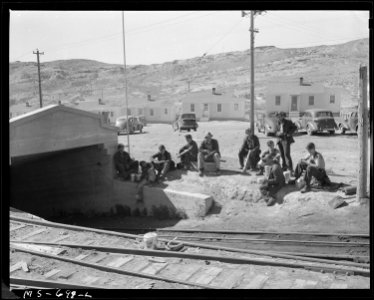 Miners waiting at portal to go underground on second (swing) shift in afternoon. Union Pacific Coal Company, Reliance... - NARA - 540559