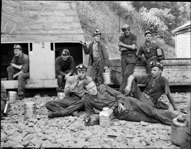 Miners waiting at drift mouth for the afternoon man trip. Koppers Coal Divison, Kopperston Mines, Kopperston, Wyoming... - NARA - 540930