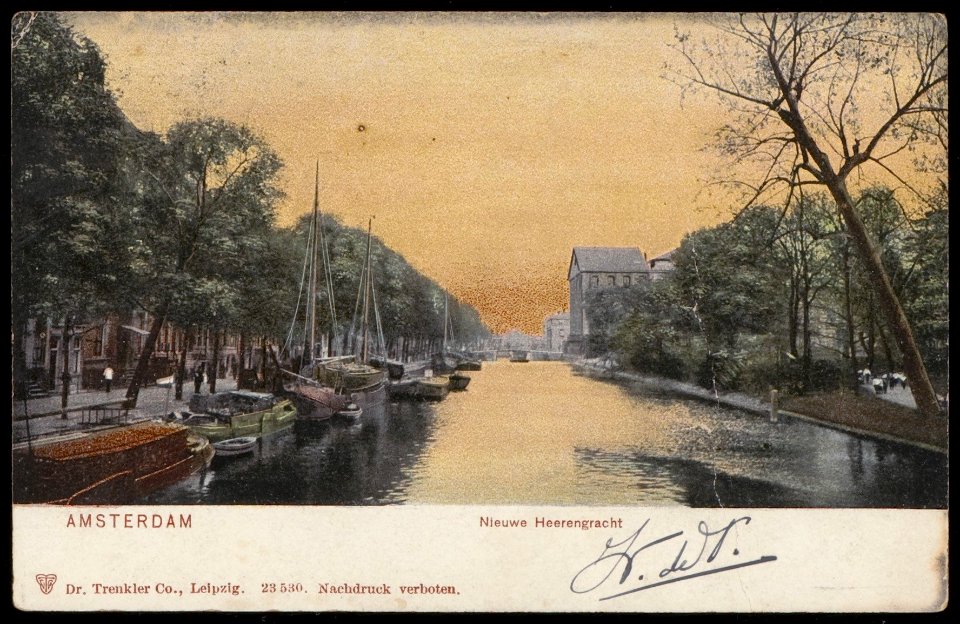 Nieuwe Herengracht richting Oosterdok met rechts het Wertheimpark. Uitgave Dr. Trenkler co. Leipzig, Afb PBKD00158000005