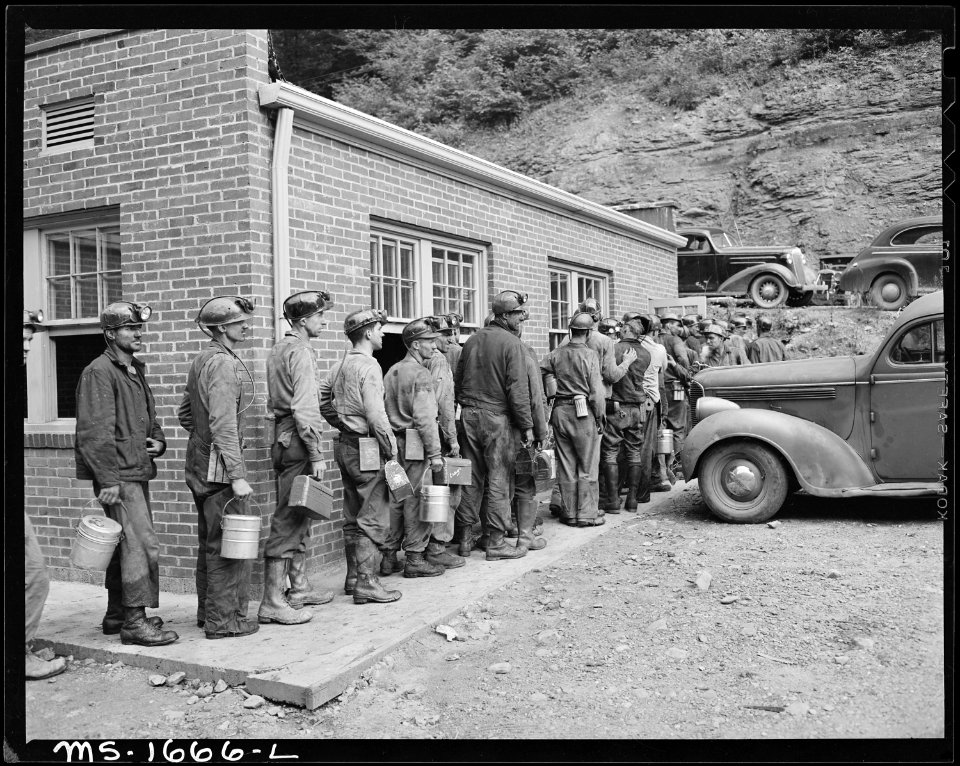 Miners waiting to check out after work. Koppers Coal Division Kopperston Mine, Kopperston, Wyoming County, West... - NARA - 540899