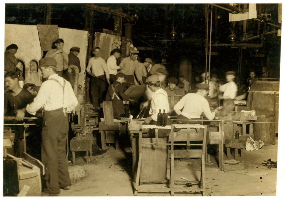 Night scene in Cumberland Glass Works, Bridgeton, N.J. Small boy in middle distance of Photo. LOC nclc.01226
