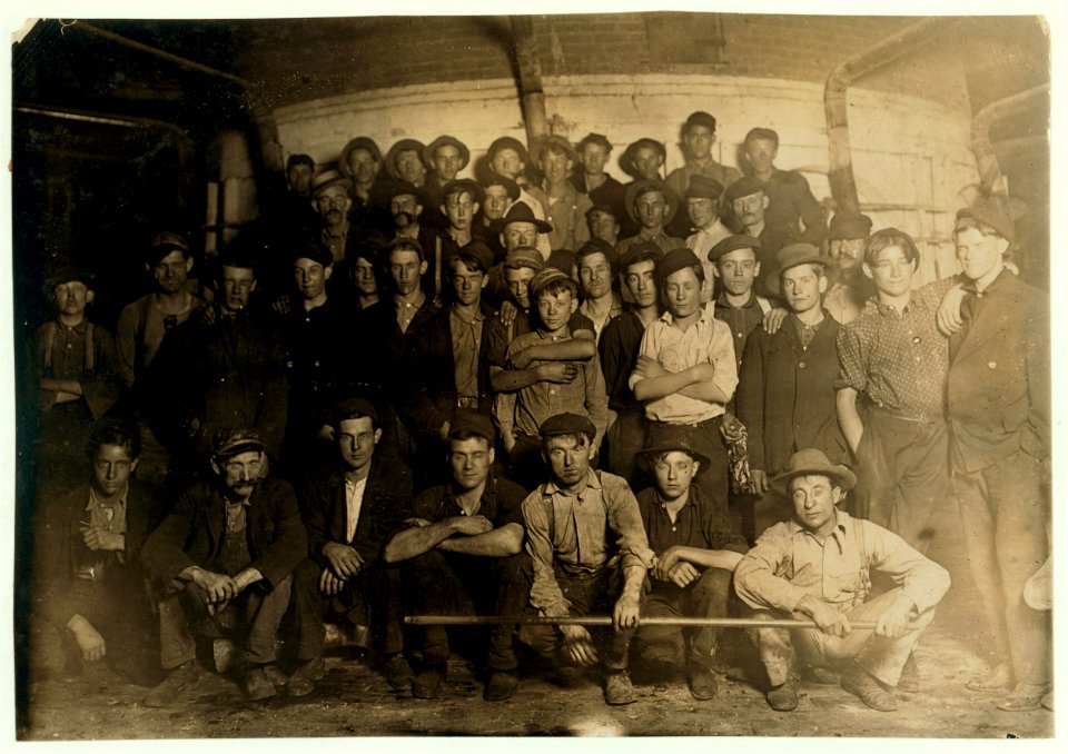 Night shift at Glass Works, Grafton, W. Va. 11-30 P.M. Going to work after 1 hour recess. (see label on -162.) LOC nclc.01182
