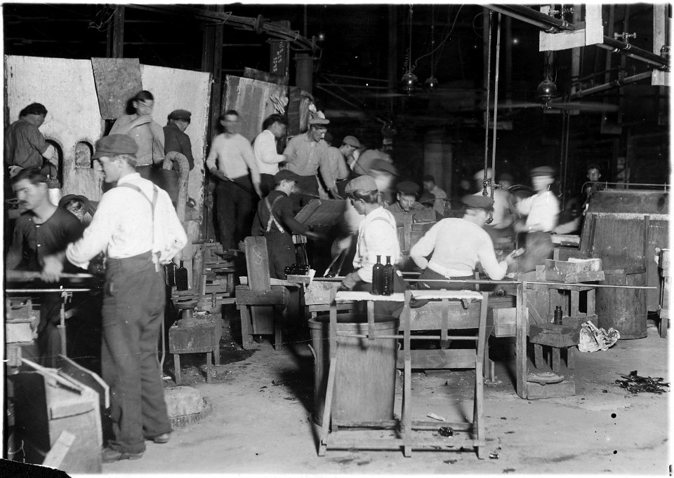 Night scene in Cumberland Glass Works. Small boy in middle distance of photo. Bridgeton, N.J. - NARA - 523229
