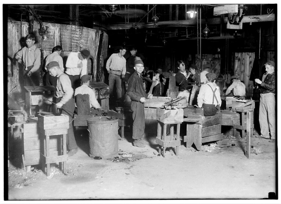 Night scene in Cumberland Glass Works, Bridgeton, N.J. LOC nclc.05438