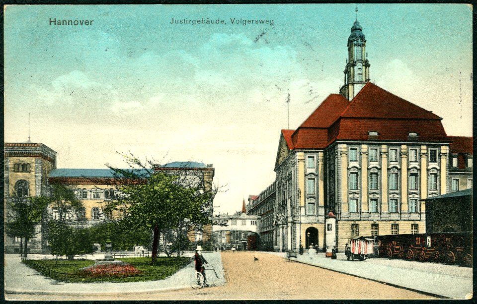 Norddeutsche Papier-Industrie PC 0017 Hannover Justizgebäude, Volgersweg, Bildseite Landgericht Amtsgericht Staatsanwaltschaft Fuhrwerke Augustenstraße Maschinenfabrik Albert Knoevenagel