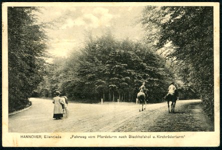 Norddeutsche Papier-Industrie PC 0192 Hannover, Eilenriede „Fahrweg vom Pferdeturm nach Bischofshol u. Kirchröderturm“, Bildseite, Wegegabelung mit Kutschenspuren, Reiterin, Kinderkarre, Fahrräder, um 1900