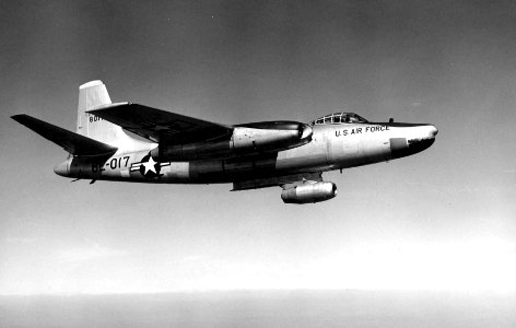 North American JRB-45C (SN 48-017) in flight with small jet engine mounted on bomb bay test pylon 061023-F-1234S-015