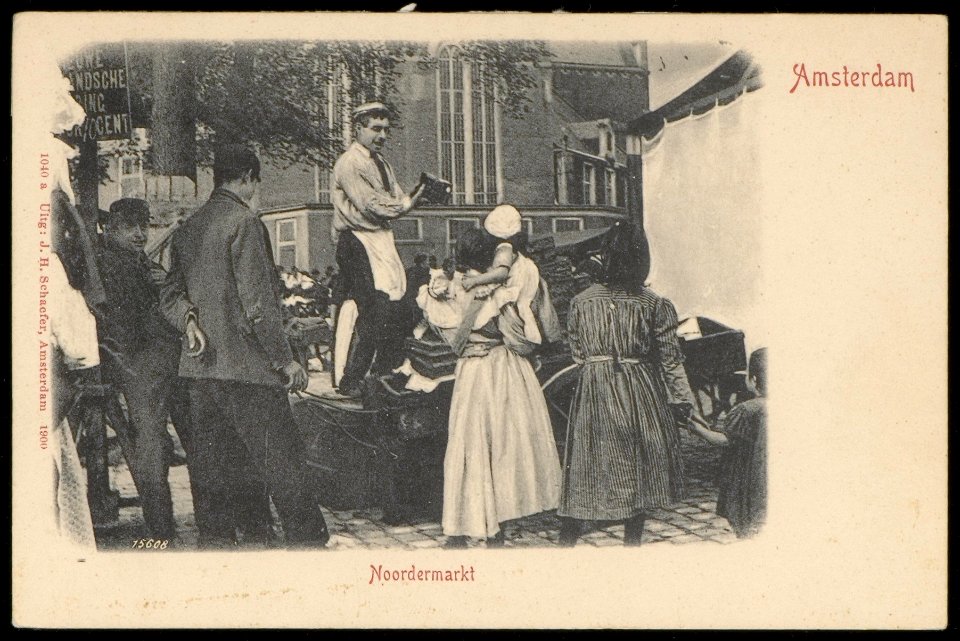 Noordermarkt met standwerker en op de achtergrond de Noorderkerk. Uitgave J.H. Schaefer, Amsterdam, Afb PBKD00108000005