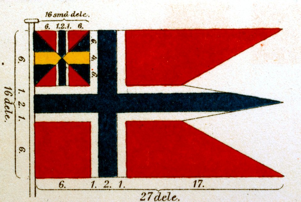 Norsk flagg med unionsmärke, 1814-1888, Utställning Brödrafolkens väl, år 2005 - Livrustkammaren - 73857