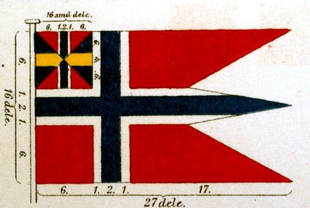 Norsk flagg med unionsmärke, 1814-1888, Utställning Brödrafolkens väl, år 2005 - Livrustkammaren - 73857