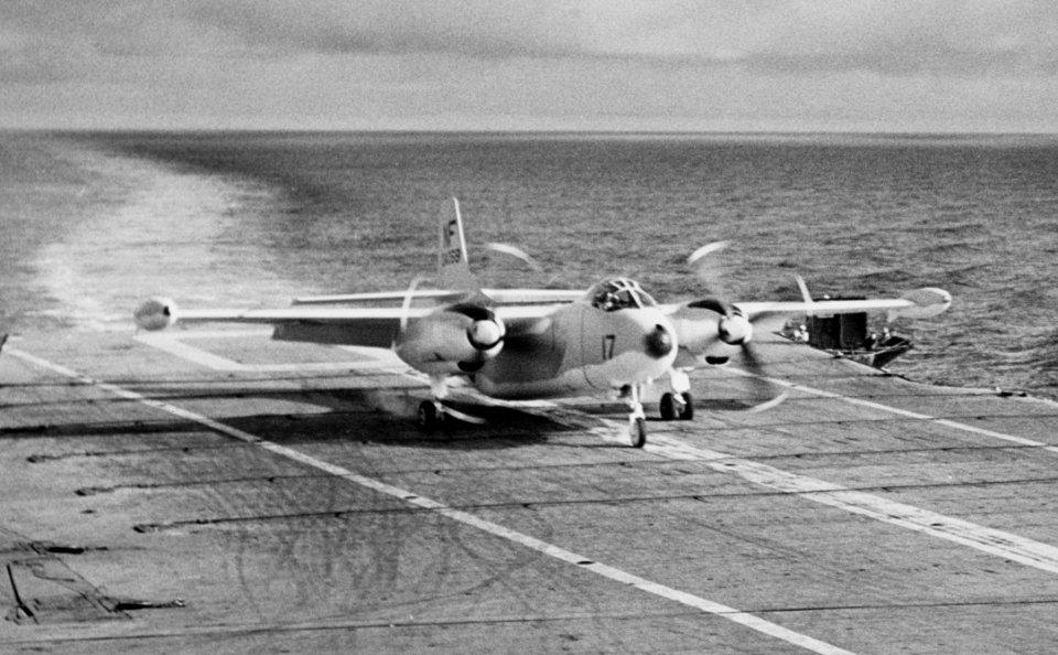 North American AJ-2 Savage of VAH-6 lands on USS Yorktown (CVA-10), 6 December 1955 (NH 97459)