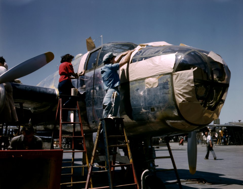 North American B-25 bomber is prepared for painting on the outside assembly line