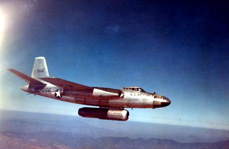North American JB-45A in flight. This aircraft was originally B-45A-5-NA (SN 47-096) with test engine mounted (probably a Westinghouse J34 turbojet) 061023-F-1234S-001