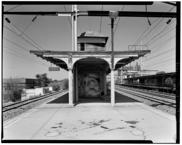 North-East view; Platform, canopy, and freight elevator - North Philadelphia Station