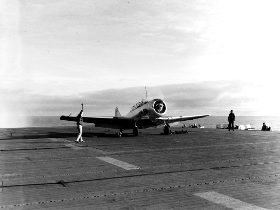 North American SNJ-3 aboard USS Long Island (ACV-1) on 28 January 1943 (80-G-66744)