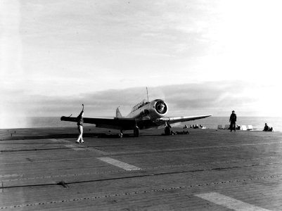 North American SNJ-3 aboard USS Long Island (ACV-1) on 28 January 1943 (80-G-66744)