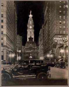Night view of Broad Street with lit tower of City Hall, Philadelphia, Pennsylvania LCCN90705756