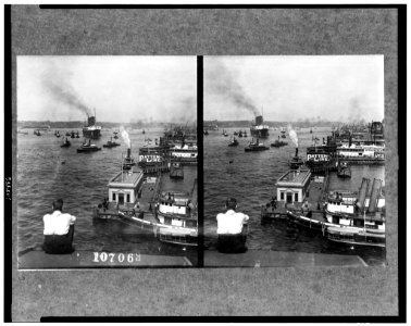 North from roof of pier -52 showing the S.S. Lusitania being warped into dock, New York City LCCN93504685